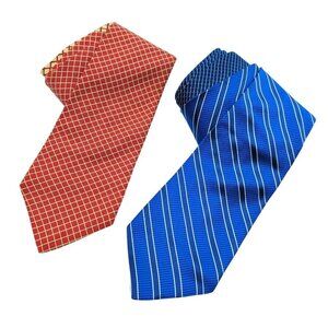 Lot of 2 Tommy Hilfiger Silk Ties Dual Pattern Red Cream & Blue White Made USA